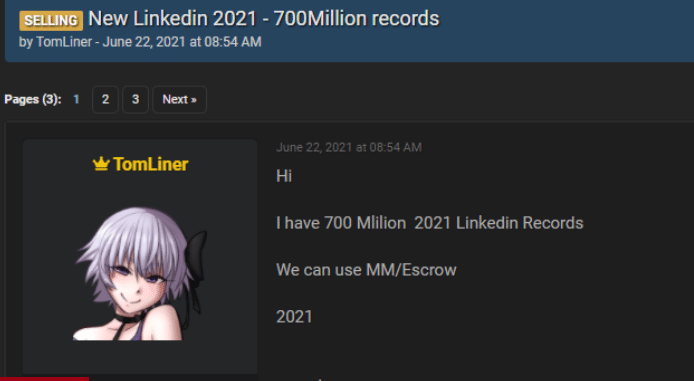 700 million LinkedIn user records are being offered for sale on a hackers’ forum