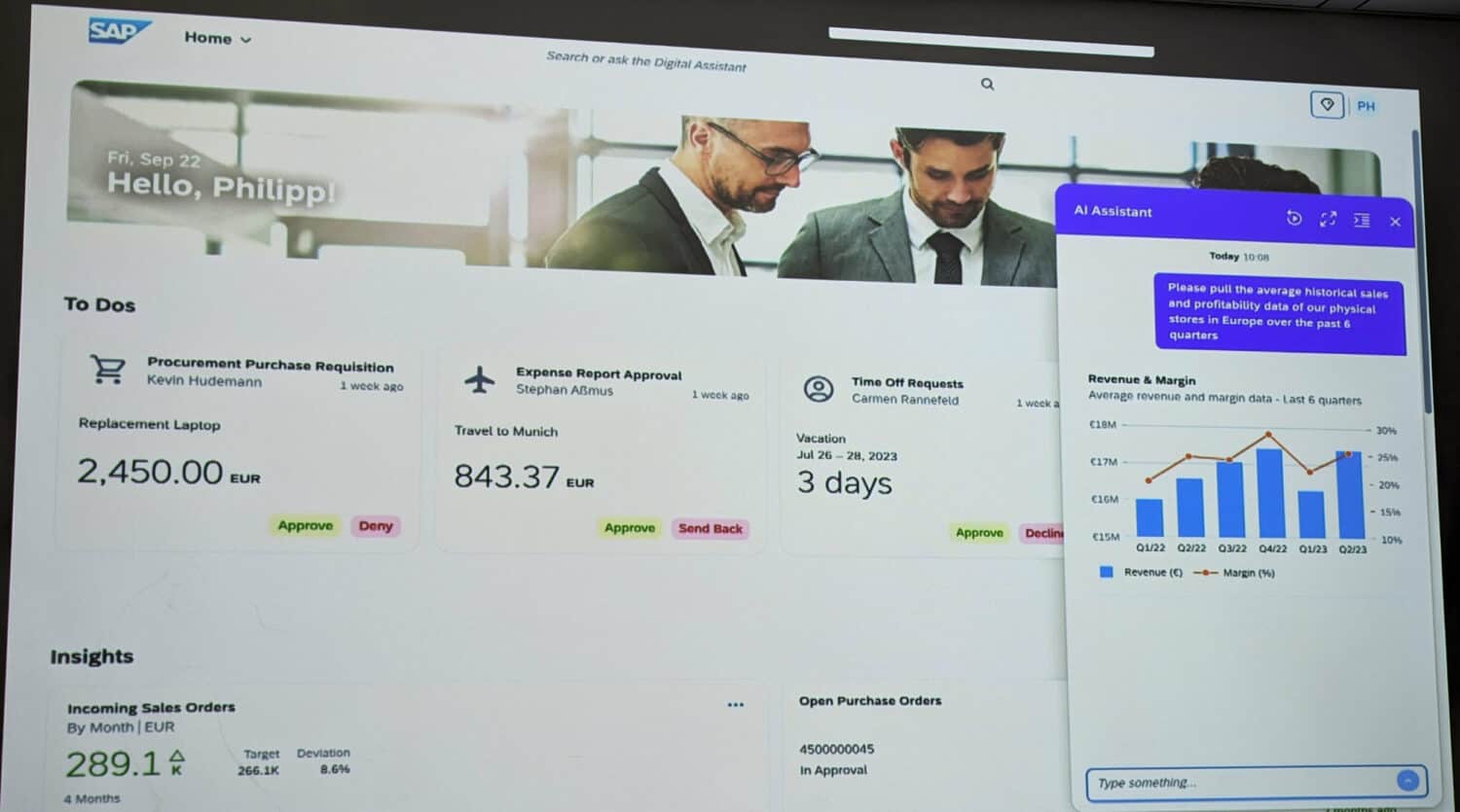 sap-joule-screenshot A screen showing a business dashboard on a screen.