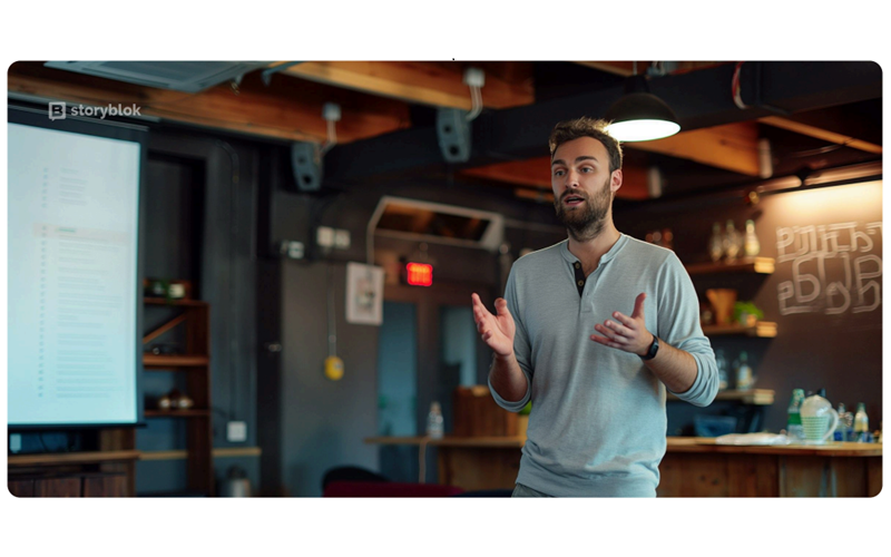 2 A man stands in a modern office space giving a presentation, gesturing with his hands. A projector screen and shelves are visible in the background.
