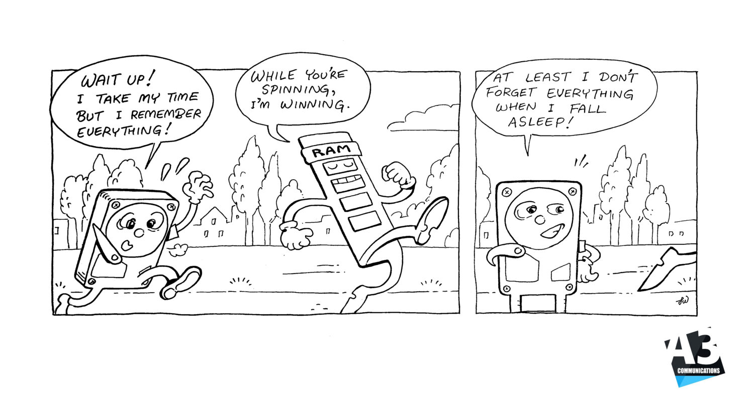 A3 Communications cartoon – RAM vs HDD A cartoon shows a phone with a tape running from it chasing a running RAM stick; the phone says it remembers everything, while RAM says it's winning, and the phone retorts about forgetting when asleep.