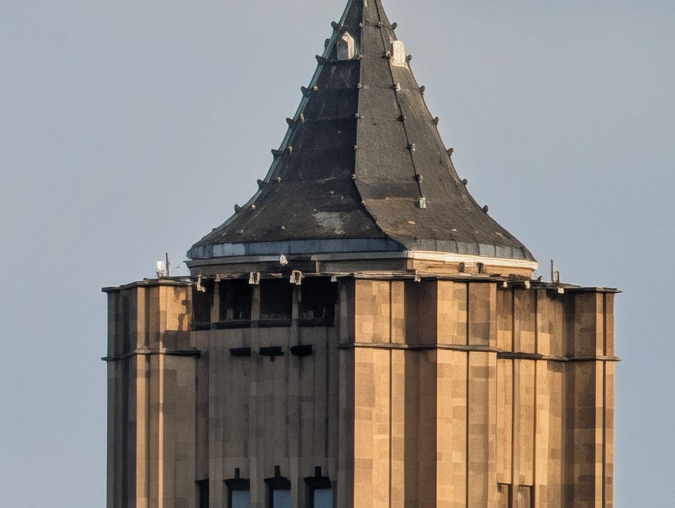 A close-up view of the upper section of a tall, brown stone building with a pointed, dark-colored roof against a clear sky.