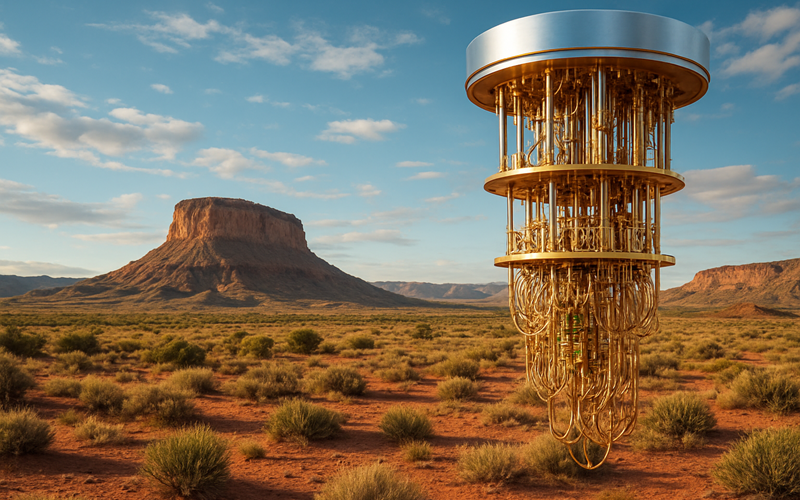 2 A quantum computer hangs in mid-air over a desert landscape with mesas and sparse vegetation under a partly cloudy sky.