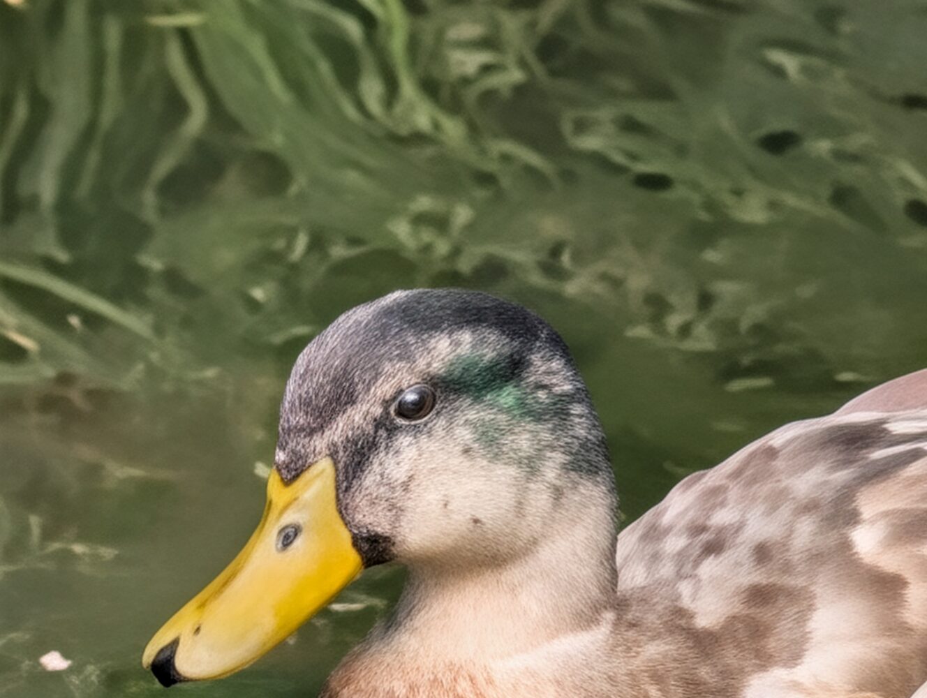A close-up of a duck with a yellow beak and mottled feathers swimming in greenish water.
