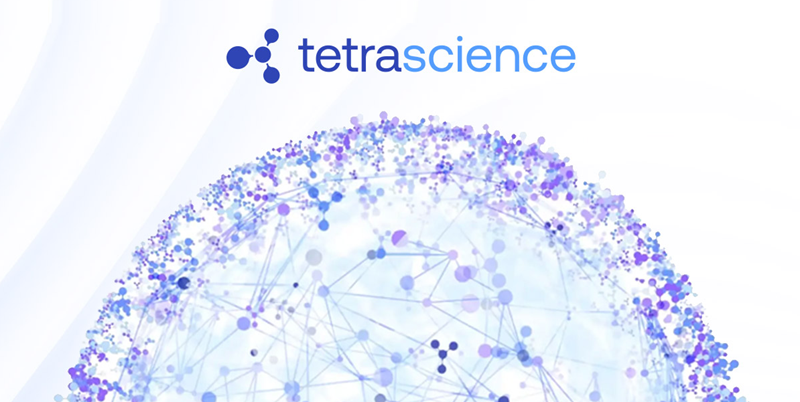 Screen Shot 2025-08-19 at 10.27.41.249 AM Tetrascience logo above a network graphic symbolizing a medical data laboratory, with interconnected nodes and lines in blue and purple tones on a white background.