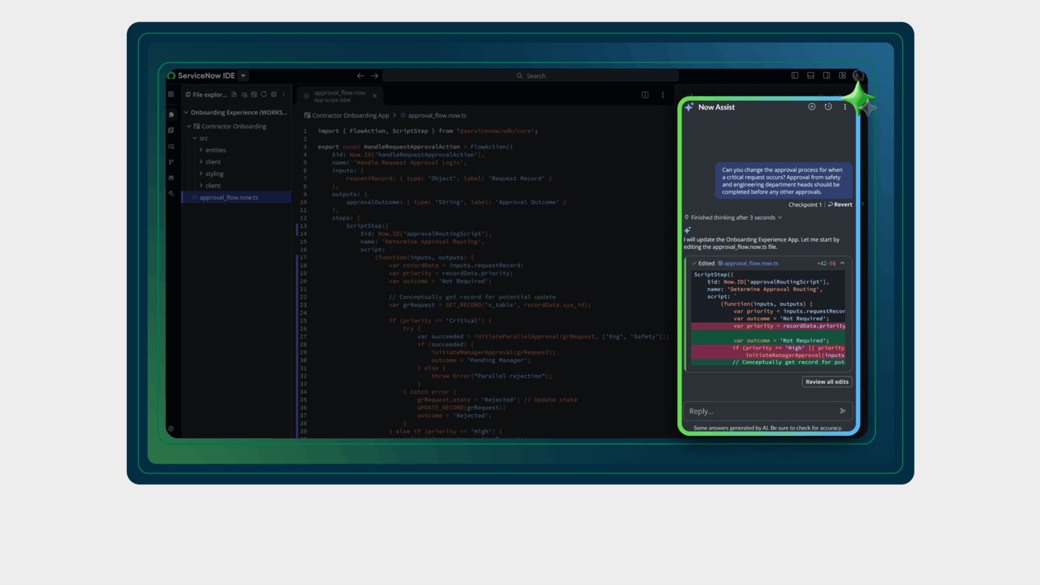 A computer screen displays a code editor on the left with JavaScript code and an AI programming assistant window on the right showing code suggestions and explanations for a ServiceNow Zurich project.