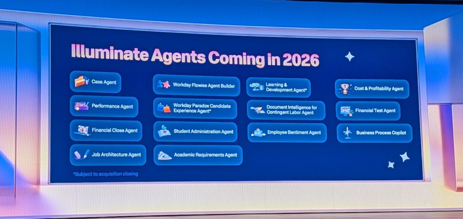 PXL_20250916_161453696.MP A presentation slide reads "Illuminate Agents Coming in 2026" and lists several agent types, including Class Agent, Performance Agent, and Financial Class Agent, highlighting the future of Workday AI agents on a stage with blue lighting.