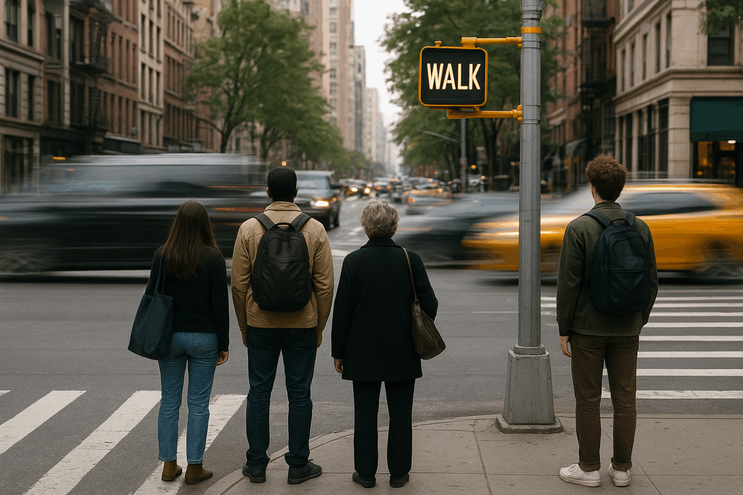 89a9a804-9abf-4951-bbb2-050bd801d59a Four people stand at a crosswalk waiting to cross a city street, with a "WALK" signal lit and blurred cars passing by.