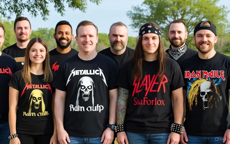 bottom A group of people stand outdoors wearing black T-shirts with logos of metal bands like Metallica, Slayer, and Iron Maiden.