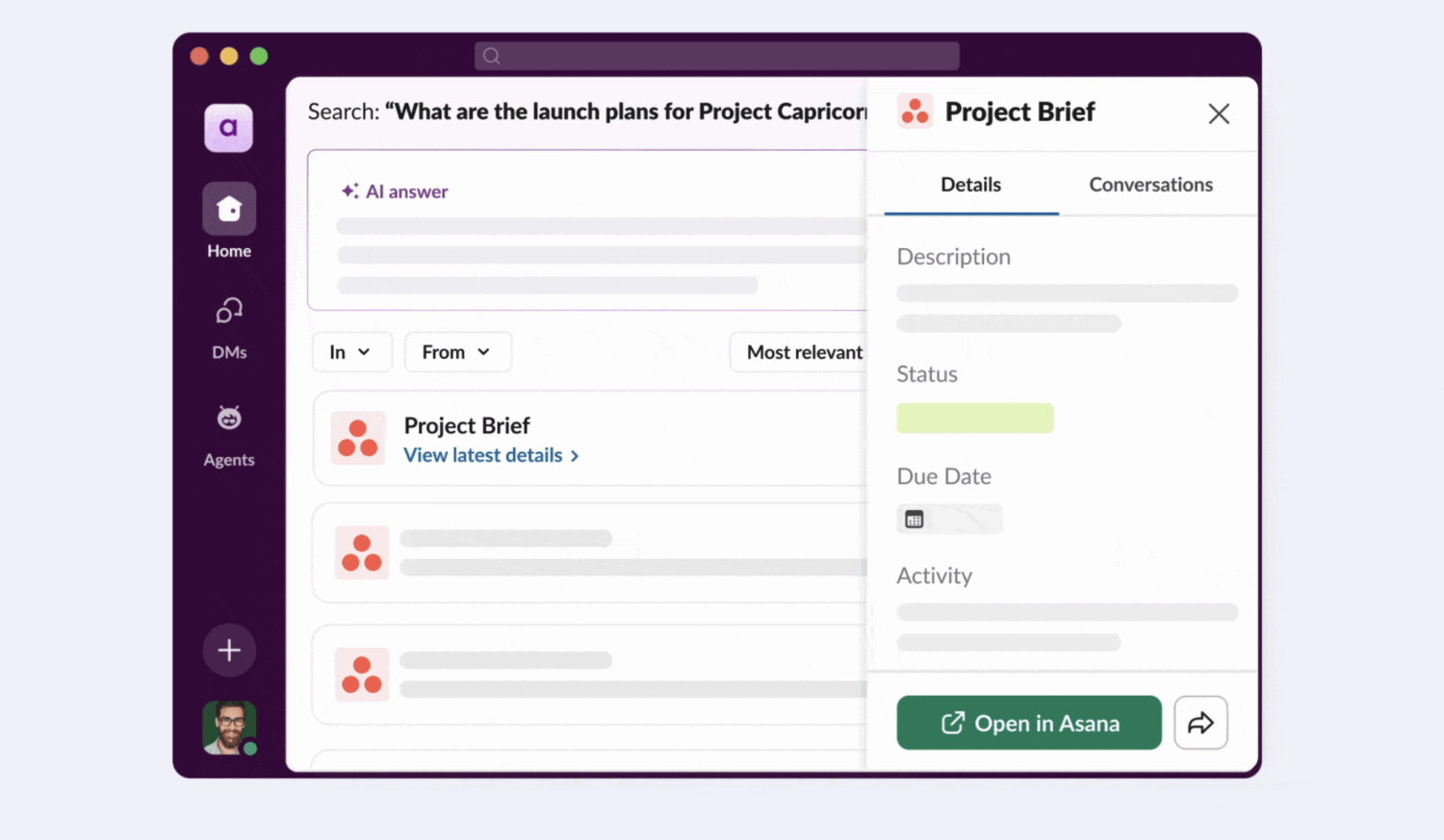 A Slack interface shows a search for project launch plans, with an Asana project brief panel open and an "Open in Asana" button visible.