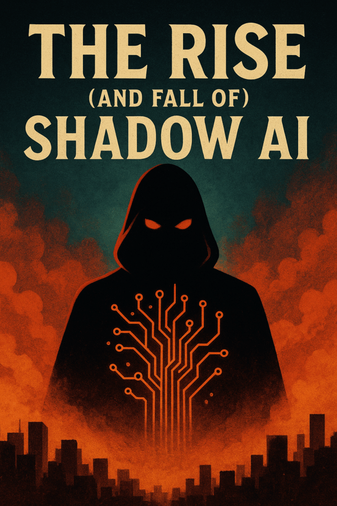 A hooded figure with glowing red eyes stands over a cityscape, with circuit lines on their chest. The text reads "The Rise (and Fall of) Shadow AI.