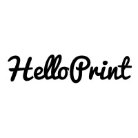 Black script text logo that reads "HelloPrint" on a white background.