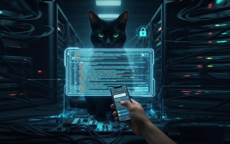 wedwedw A black cat sits among computer servers behind a transparent screen displaying code, while a hand holds a smartphone in the foreground.