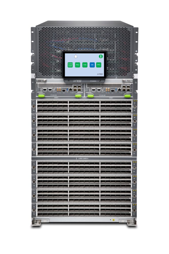 A front view of a network server rack with multiple units, including a Juniper PTX12000, and a touchscreen control panel displaying system information.