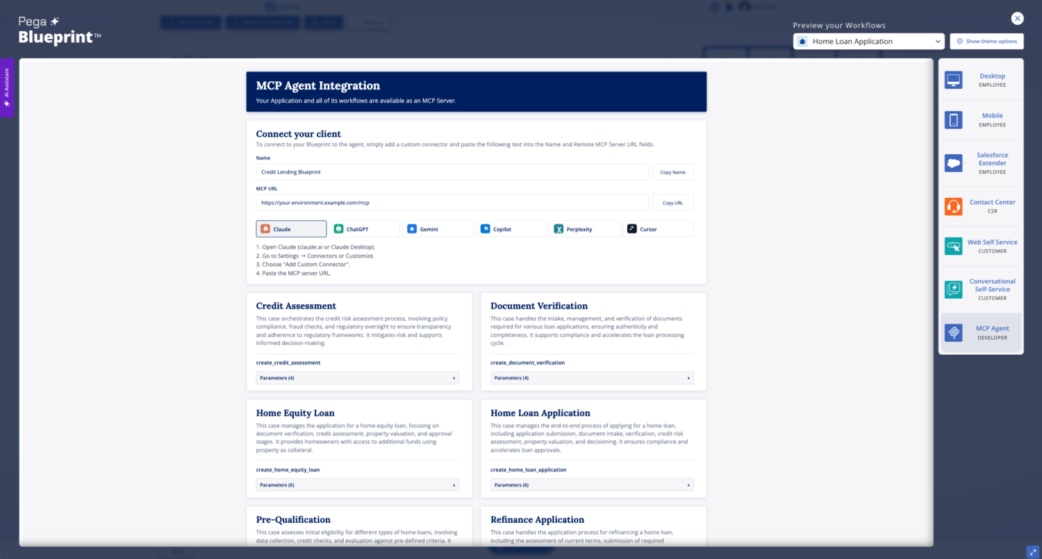 MCP screenshot Screenshot of a web dashboard titled "MCP Agent Integration" built on Pega, displaying integration setup options and workflow templates for credit processes on the main page, with a sidebar of navigation options on the right.