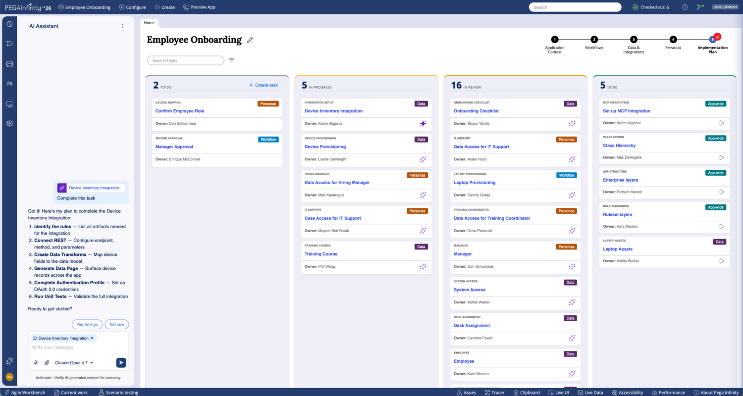 Pega Infinity Studio screenshot Screenshot of a Pega employee onboarding dashboard showing tasks by timeframe—current tasks, plus those due in 5 days, 16 days, and 5 months—with clear labels for task type, priority, and assignee.